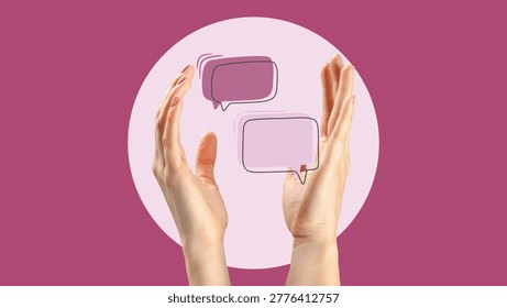 Hands hold speech bubbles to represent communication and news updates