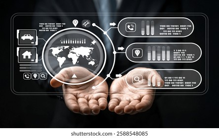 Hands hold a transparent digital interface showcasing global connectivity and data analytics. The design represents modern technology and innovative solutions in business.
