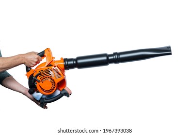 Hands Holding Air Blower Tool Or Leaf Blower Isolated On White. Worker With A Leaf Blower. Leaf Blower. Gardening. Handheld Blowing Leaves Away. Tools. Gardening. Machine. Studio Shot