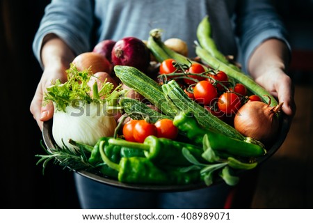Hands holding big plate with different fresh farm vegetables. Autumn harvest and healthy organic food concept
