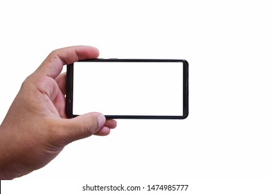 Hands holding a black phone on a white background. - Shutterstock ID 1474985777