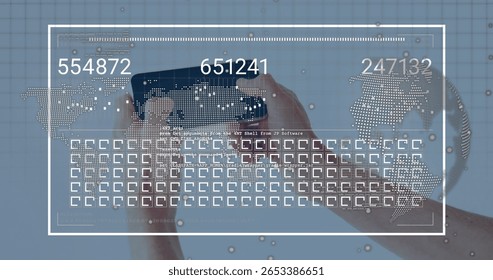 Hands holding black smartphone and coiled headset cable in studio, with digital overlay elements. Technology, innovation, digital, futuristic, connectivity, interface, gadget - Powered by Shutterstock - Get 15% off with code: PIKWIZARD15