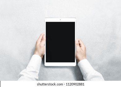 Hands Holding Blank Vertical Tablet Mock Up, New Portable Pc Screen. Empty Device Display Mockup, Front View. Space Upright Touchscreen Pad Gadget Hold In Arms, Isolated.