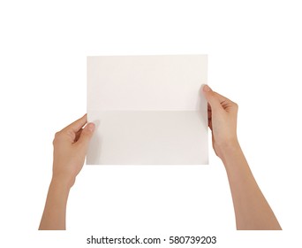 Hands Holding Blank White Brochure Booklet In The Hand. Leaflet Presentation. Pamphlet Hand Man. Show Offset Paper. Sheet Template. Book In Hands. Booklet Folding Design. Fold Paper Sheet Display Read