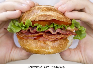 Hands Holding BLT Sandwich.