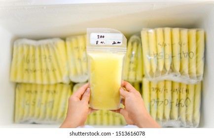 Hands holding Breast Milk Storage Bag in front of stocks in freezer refrigerator