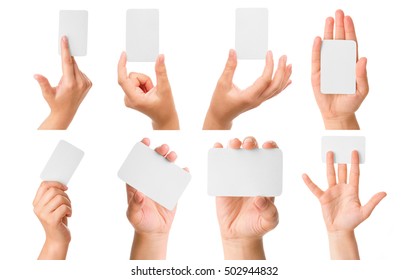 Hands Are Holding A Business Card, Collection, Isolated On White