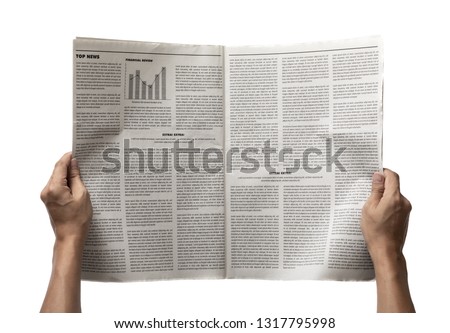 Hands holding the Business Newspaper isolated on white background, Daily Newspaper mock-up concept