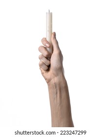 Hands Holding A Candle, White Candle, Studio, Isolated, White Background, Praying, Church, Store, Heat, Faith, Soul, Religion, Prayer, Symbol