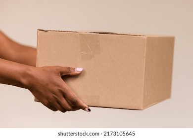 Hands Holding Cardboard Delivery Packaging Carton Closed Box 