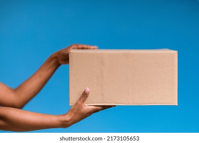 Hands Holding Cardboard Delivery Packaging Carton Closed Box 