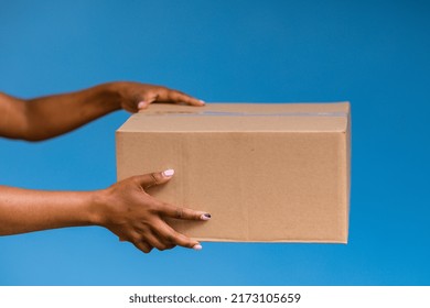 Hands Holding Cardboard Delivery Packaging Carton Closed Box 