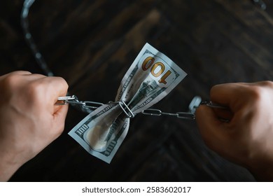 Hands Holding Chain Wrapped 100 Dollar Bill Symbolizing Financial Constraints and Economic Struggle - Powered by Shutterstock - Get 15% off with code: PIKWIZARD15