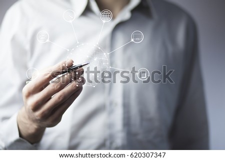 Hands holding circle global network connection in screen