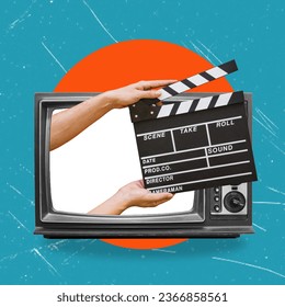 Hands holding a clapper while filming a video movie on TV. A clapper for a movie production. Contemporary art collage.