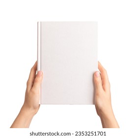 Hands holding closed book cover mock up, blank hardcover mockup isolated on white background.