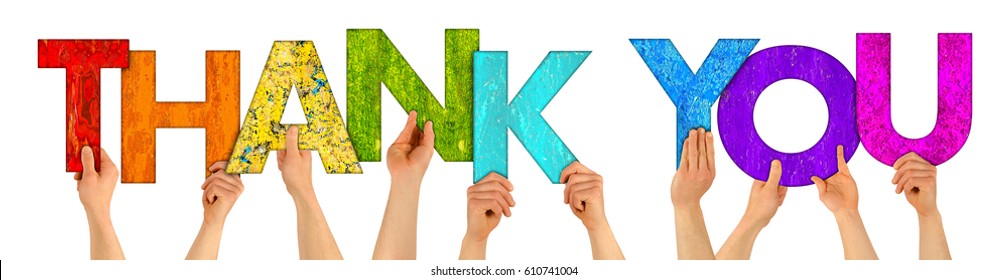 hands holding up colorful wooden letters shaping the word thank you isolated on white background