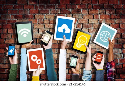 Hands Holding Digital Devices with Various Symbols - Powered by Shutterstock