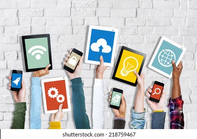 Hands Holding Digital Devices with Various Symbols - Powered by Shutterstock