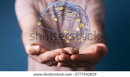 Hands holding digital network sphere, global connections concept