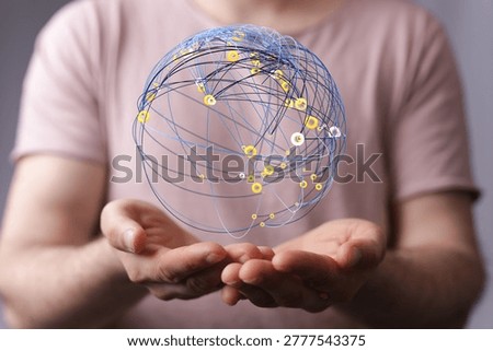 Hands holding digital network sphere, global connections concept