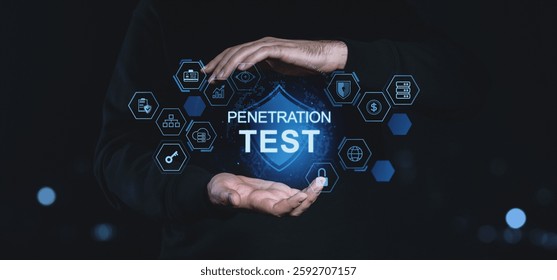 Hands holding a digital shield with icons, digital art, dark background, concept of cybersecurity