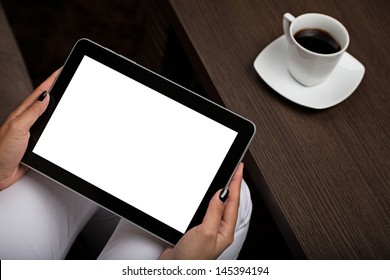 Hands Holding Digital Tablet With Blank Screen In A Office