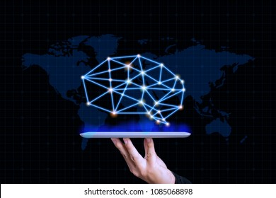 hands holding digital tablets touching brain with network connections, world map innovative Big data ,(internet of things) iot,ai technology in science ,intelligent life and communication concept - Powered by Shutterstock - Get 15% off with code: PIKWIZARD15