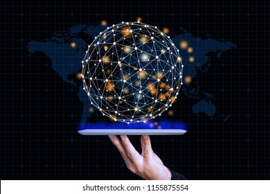hands holding digital tablets touching brain with network connections, world map innovative Big data ,(internet of things) iot,ai technology in science ,intelligent life and communication concept