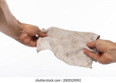Hands Holding Dirty Rag Towel Preparing To Clean Dirty Objects