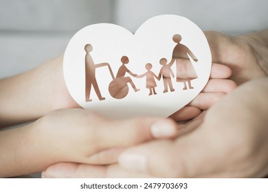 Hands holding diversity family in heart shape, happy carer and volunteer, disable nursing home, rehabilitation and health insurance concept
 - Powered by Shutterstock