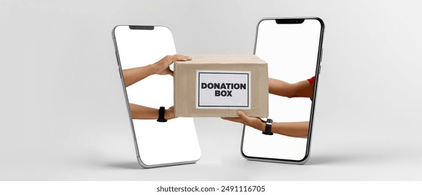 Hands holding donation box pop out from two smartphones facing each other, Concept of delivering donations, volunteering, and community support through digital platforms. Isolated on white background