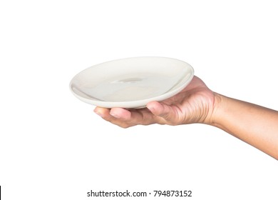 Hands Holding Empty Plates In Front Of White Background.