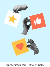 Hands holding feedback icons. Diverse customer reactions through symbols of love, approval, and rating. Concept of user experience, response, digital feedback, business, marketing, testimonials