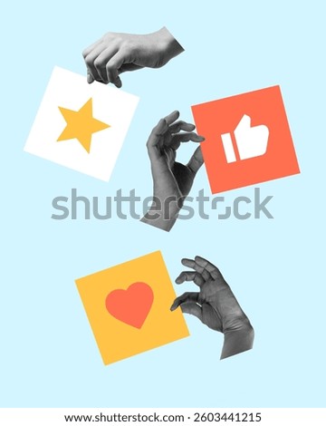Hands holding feedback icons. Diverse customer reactions through symbols of love, approval, and rating. Concept of user experience, response, digital feedback, business, marketing, testimonials