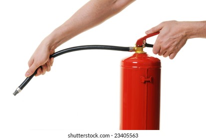 hands holding fire extinguisher over white background