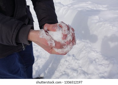 Hands Holding Fresh Snow, Man Making Snowball