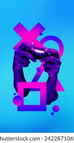 Hands holding game controller with geometric shapes against gradient neon background. Growing popularity of gaming industry. Concept of gaming culture, online gaming, streaming