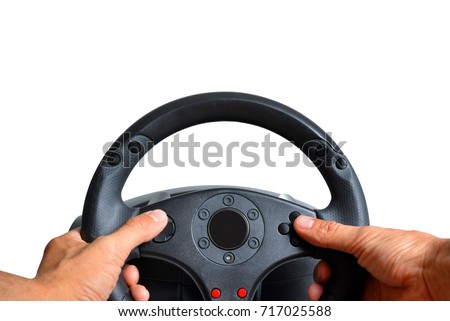 Hands holding gaming steering wheel on white background.