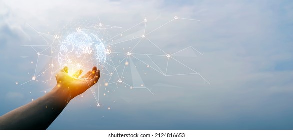 Hands holding global network and data customer connection, Digital marketing, Social Media, Internet business, Social networking and communication network on worldwide.