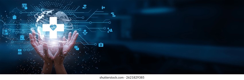 Hands holding globe with network connecting data of patient information and medical research, telehealth services, health analytics, electronic records, global collaboration, healthcare innovations.