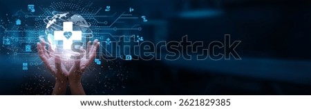 Hands holding globe with network connecting data of patient information and medical research, telehealth services, health analytics, electronic records, global collaboration, healthcare innovations.
