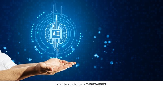 Hands holding a glowing AI brain icon, surrounded by digital graphics, on a blue background. Concept of artificial intelligence technology - Powered by Shutterstock - Get 15% off with code: PIKWIZARD15