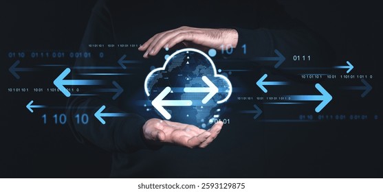 Hands holding a glowing cloud icon with arrows symbolizing data transfer, surrounded by binary code on a dark background, representing online storage and network