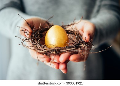 Hands Holding Golden Egg In A Small Nest. Selective Focus