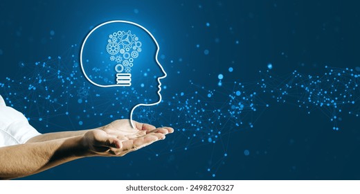 Hands holding a head silhouette with gears and lightbulb inside, against a blue network background. Symbolizing innovation, AI, and technology concepts
