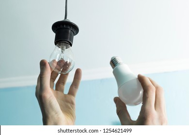 Hands holding incandescent lamp and LED. Energy saving electric light. - Shutterstock ID 1254621499