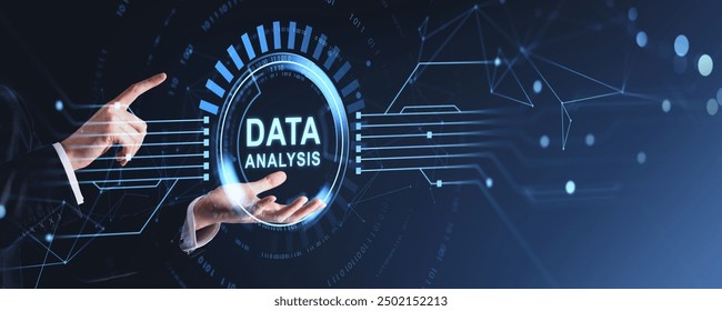 Hands holding and interacting with Data Analysis in digital elements on a dark blue background, representing technology, big data, and cybersecurity concepts