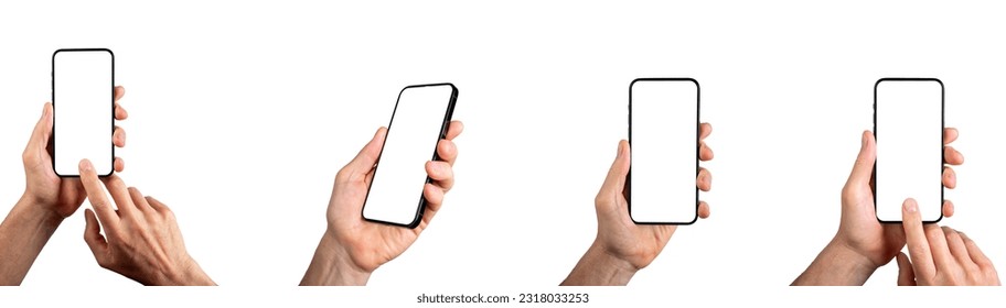 Hands holding mobile phone screen mockups, blank smartphone mock-ups set, isolated on white.