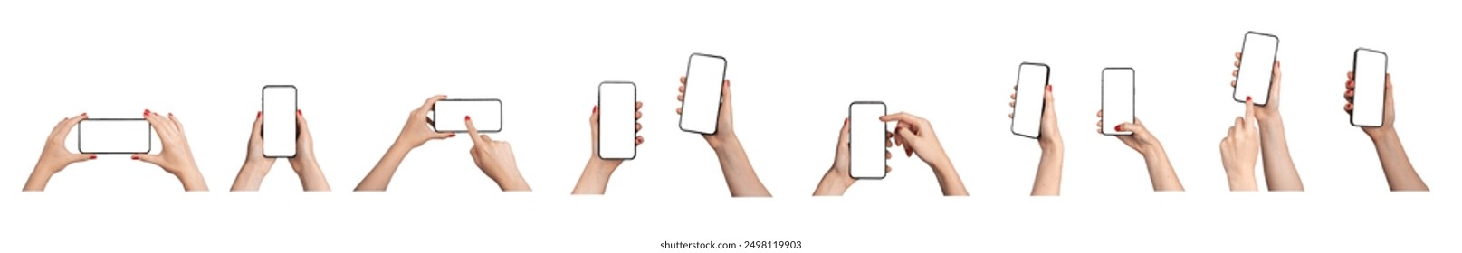 Hands holding mobile phone screen mockup, using smartphone touchscreen, cellphone, set isolated on white background.. - Powered by Shutterstock